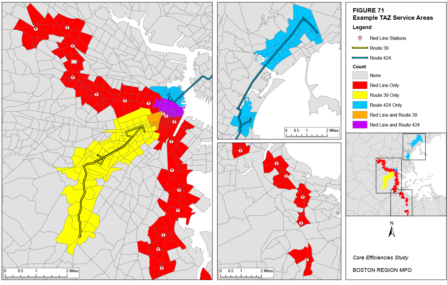 This map shows the service areas for three example transit routes.